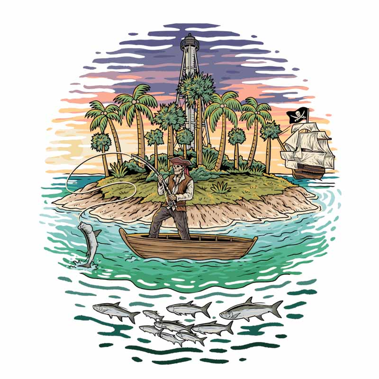 A pirate is catching a tarpon off the coast of Gasparilla Island.