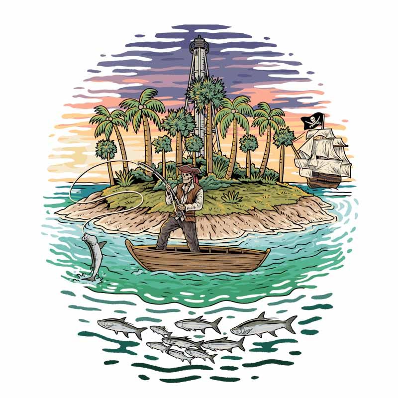 A pirate is catching a tarpon off the coast of Gasparilla Island.