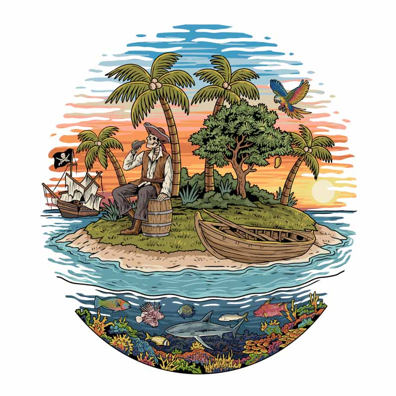 Pirate drinking on a deserted island. A parrot lands on a mango tree with one mango left.
